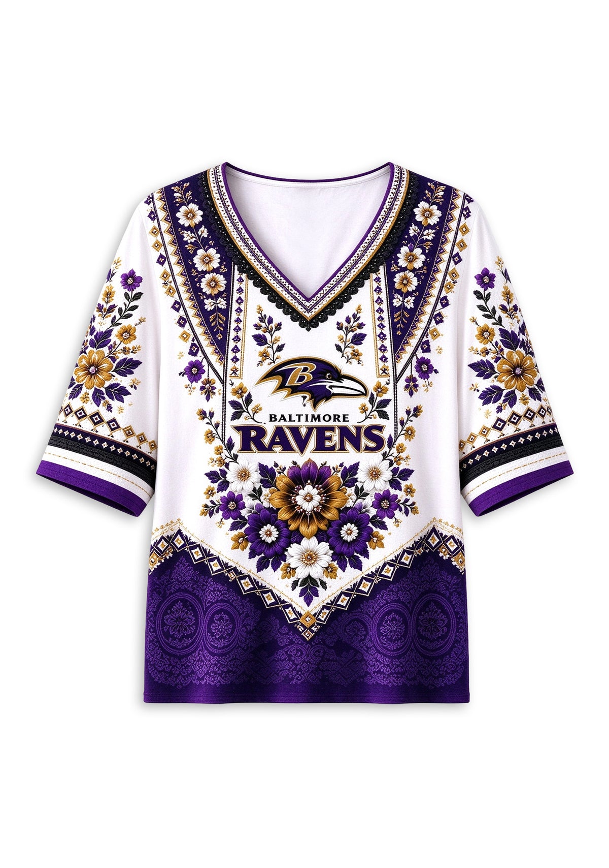 Women’s Baltimore Ravens Boho Floral V-Neck 3/4 Sleeve Shirt