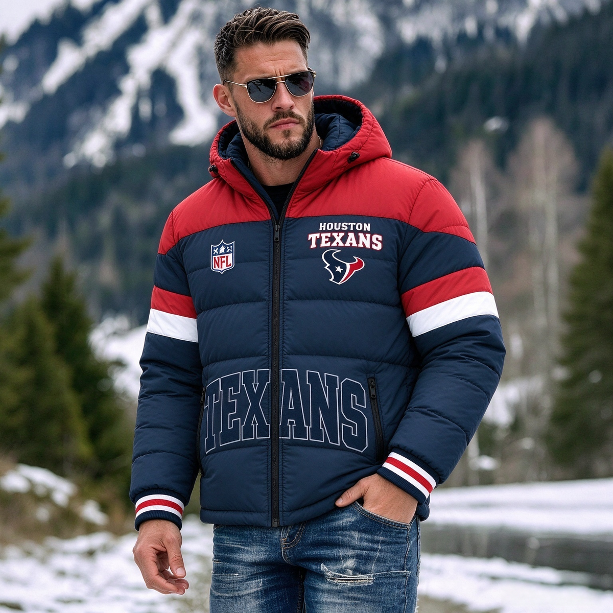 Houston Texans Hooded Color Block Puffer Jacket  Custom Name Gifts For Fan