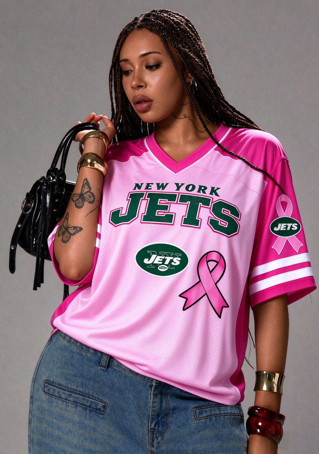 Women New York Jets Breast Cancer Awareness Pink Ribbon Mesh Jersey