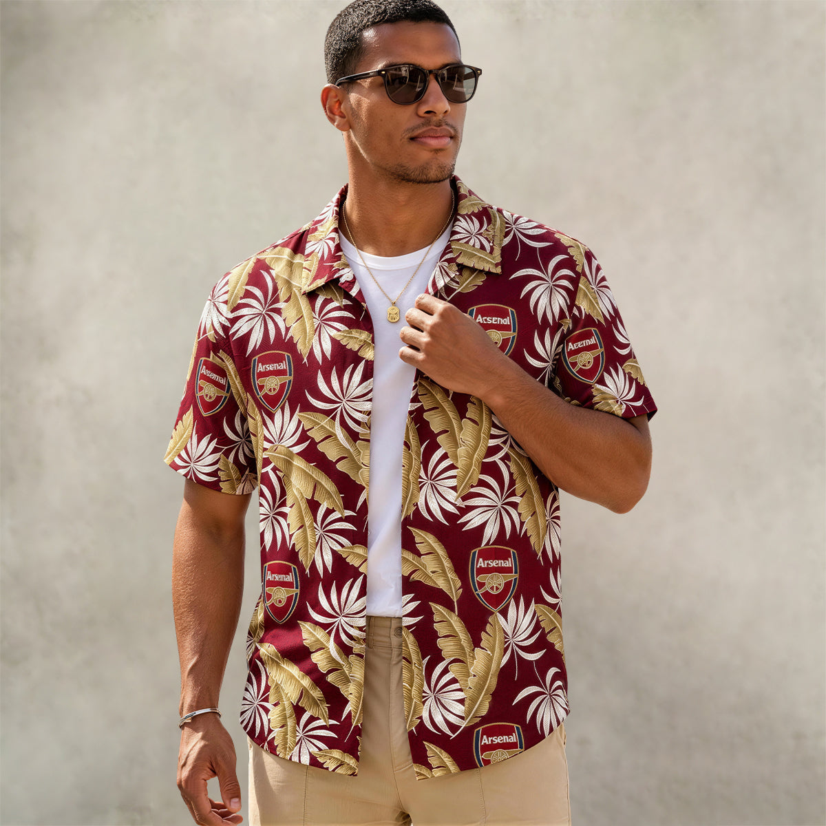 Arsenal FC Burgundy Gold Tropical Palm Leaf Hawaiian Shirt For Fan Main image