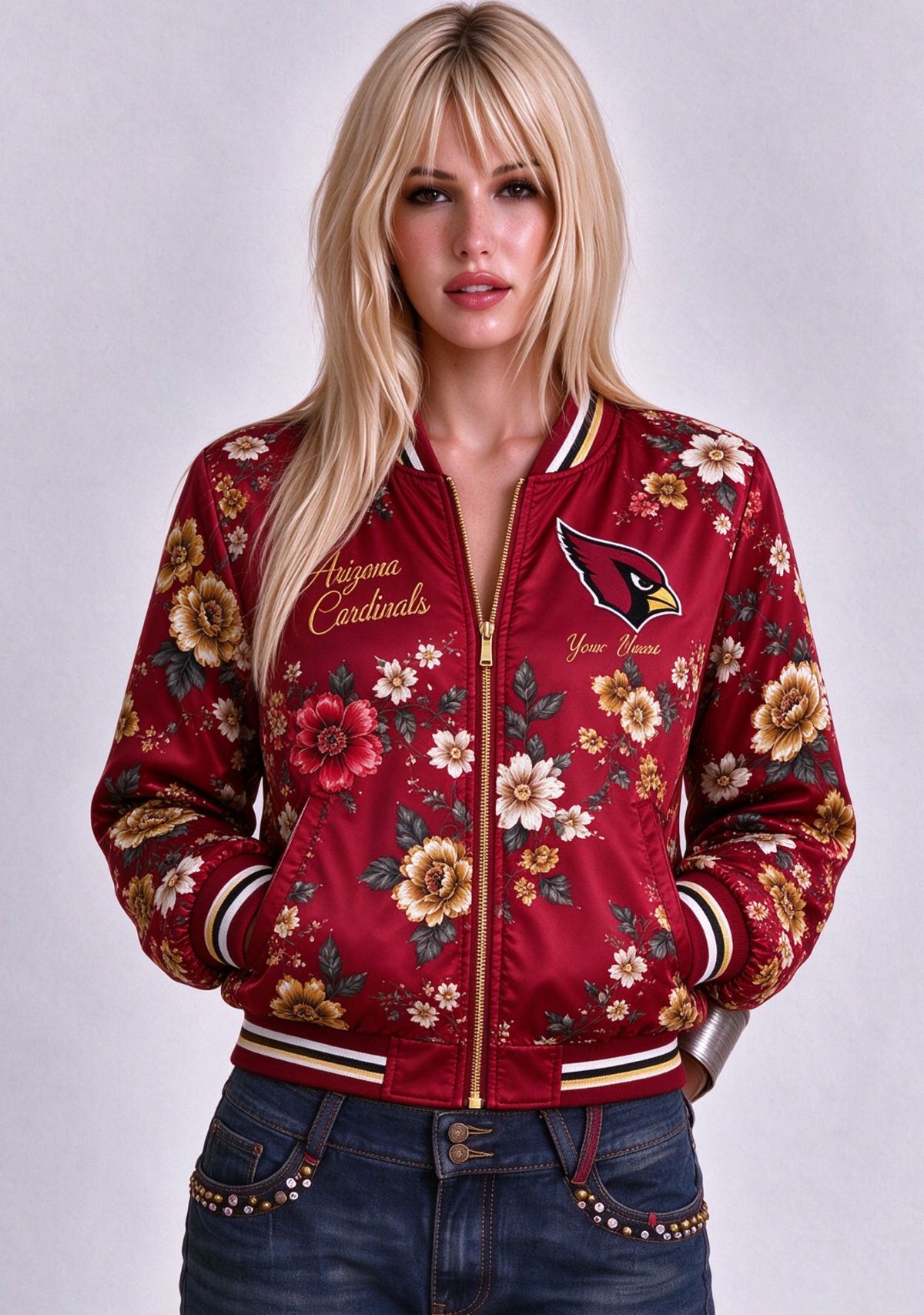 Women Arizona Cardinals Floral Print Zip Up Jacket Custom Name For Fan Main image
