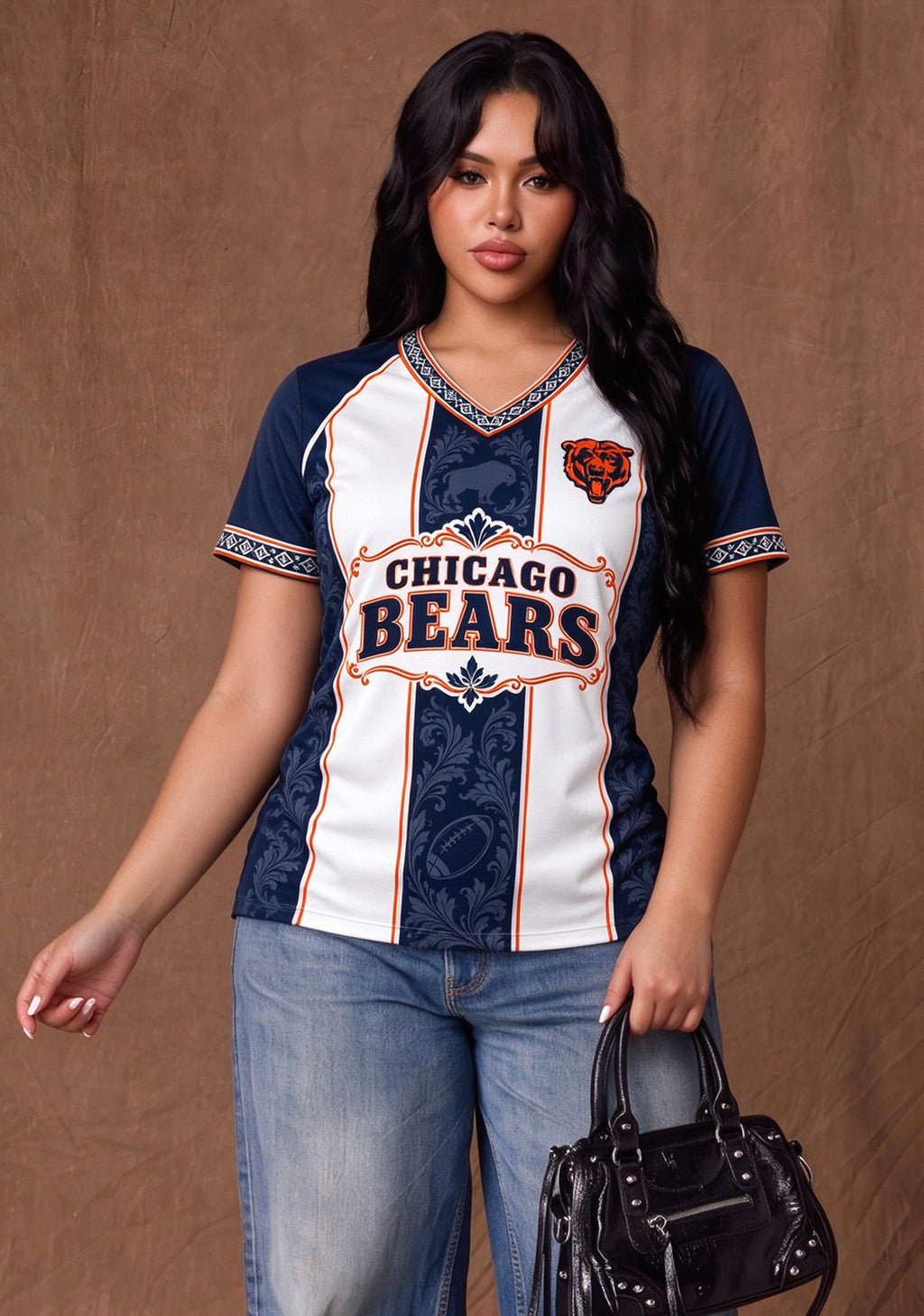 Women's Chicago Bears Floral Baroque Striped V-Neck T-Shirt