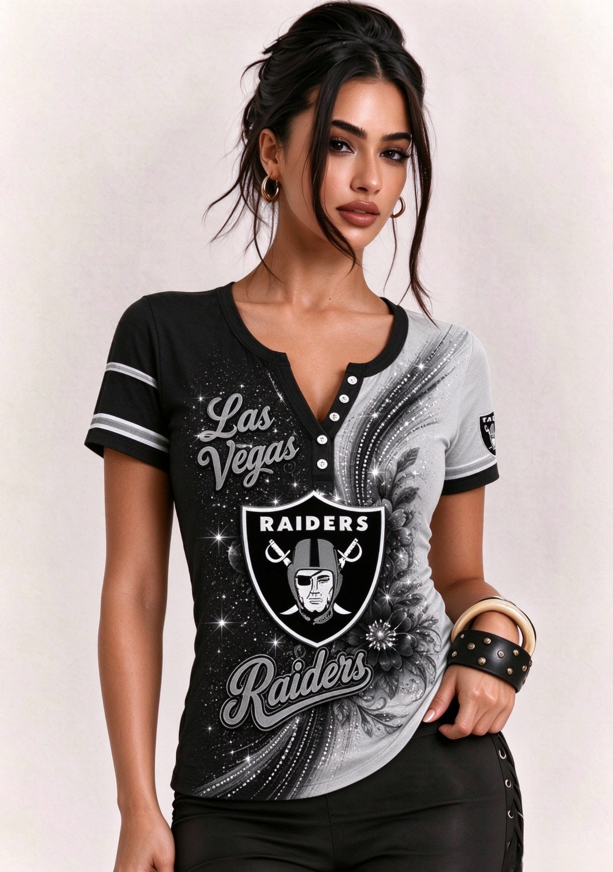 Women Las Vegas Raiders Floral Henley T-Shirt