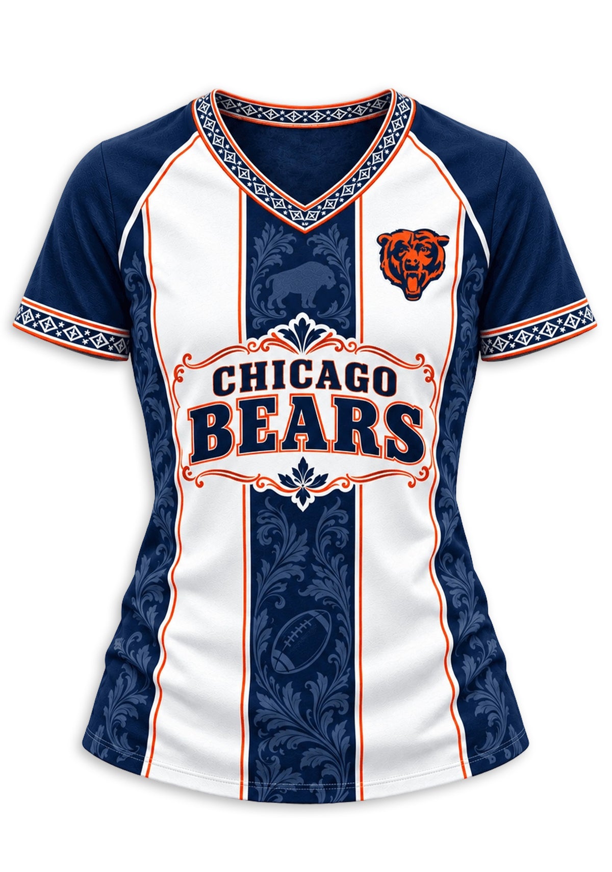 Women's Chicago Bears Floral Baroque Striped V-Neck T-Shirt