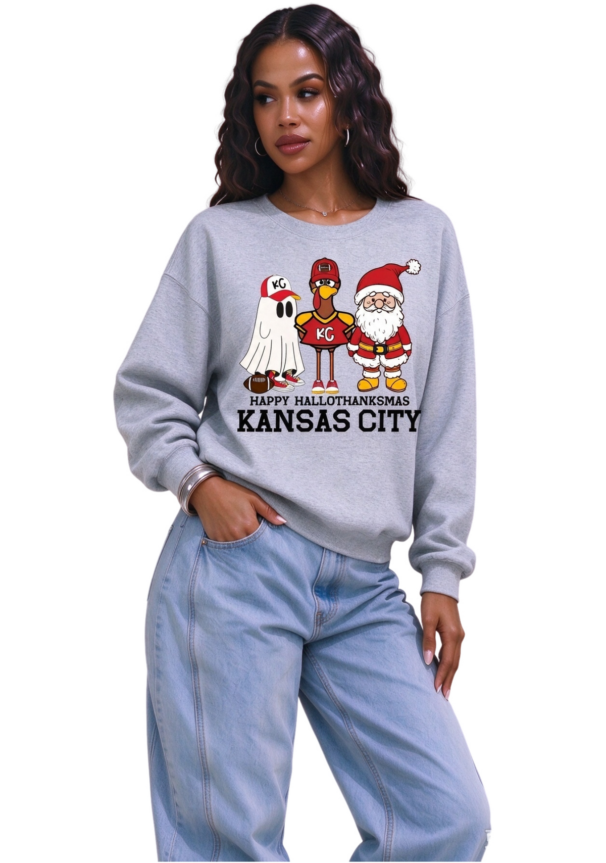 Women's Kansas City Chiefs Happy Hallothanksmas Ghost Turkey Santa Sweatshirt