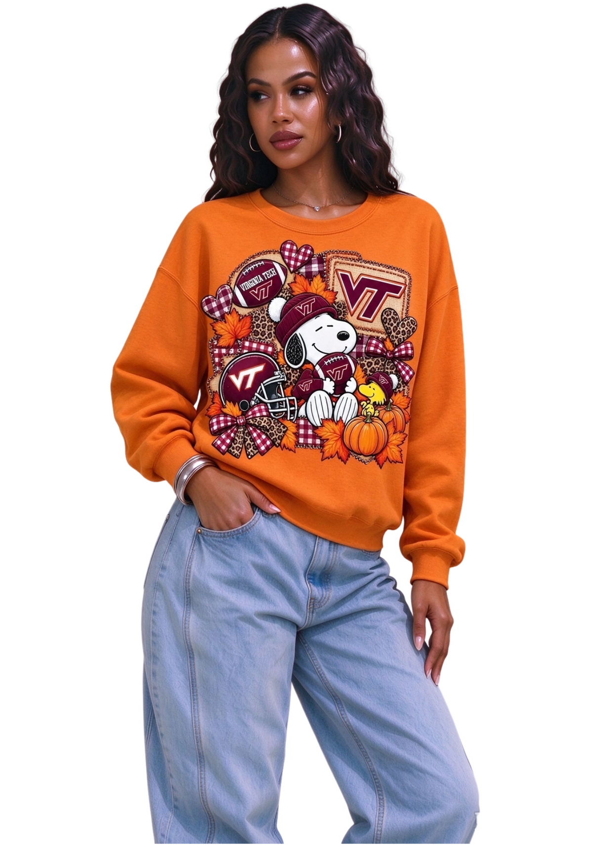 Women's Virginia Tech Hokies Fall Pumpkin Leopard Snoopy Sweatshirt