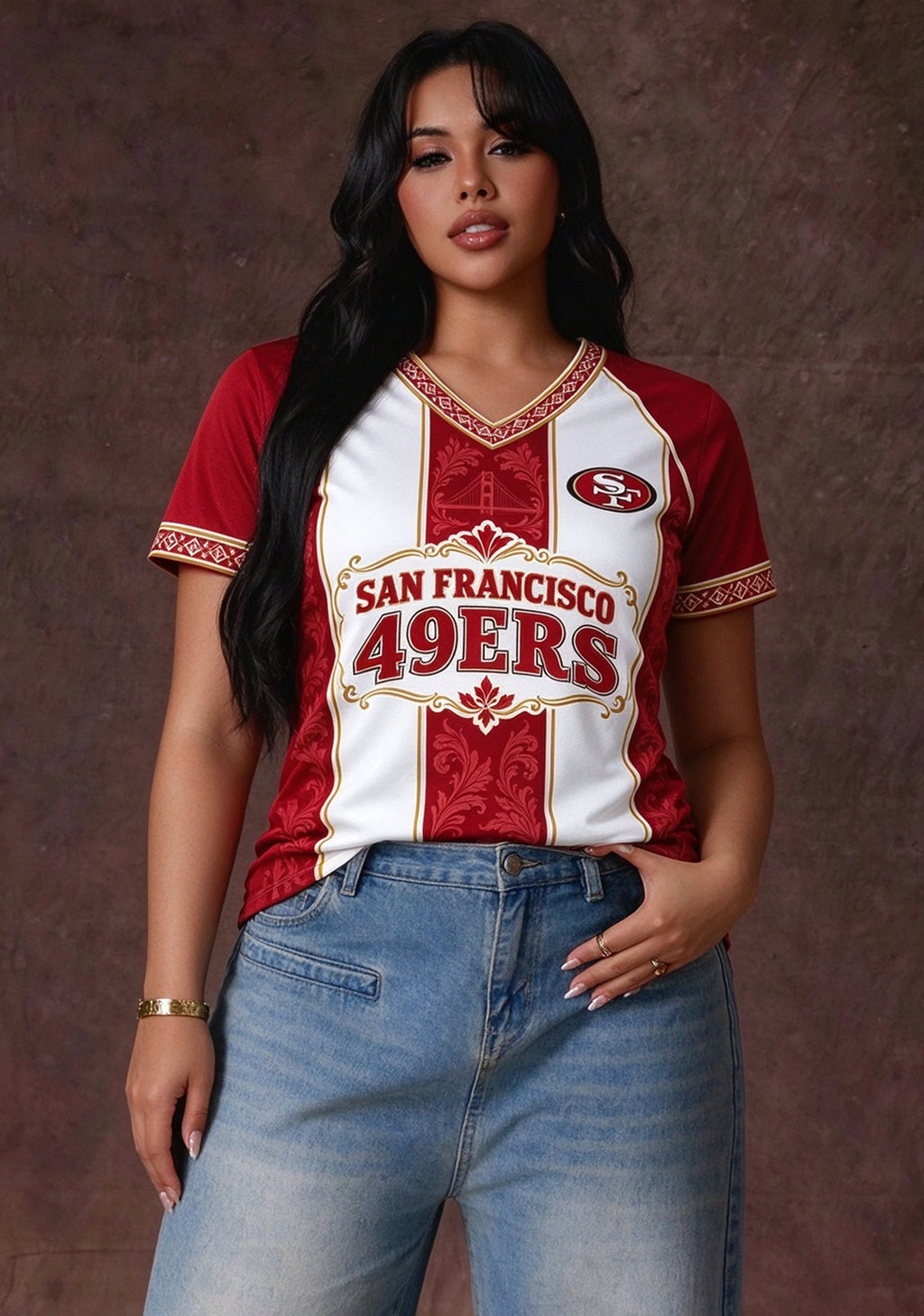 Women's San Francisco 49ers Floral Baroque Striped V-Neck T-Shirt
