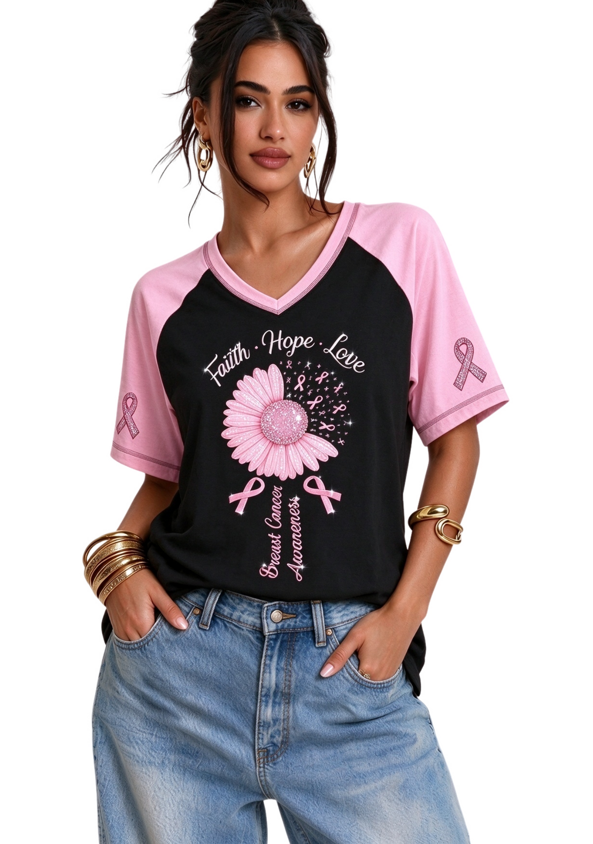 Women's Faith Hope Love Pink Daisy Pink Ribbon Short Sleeve T-Shirt Main image