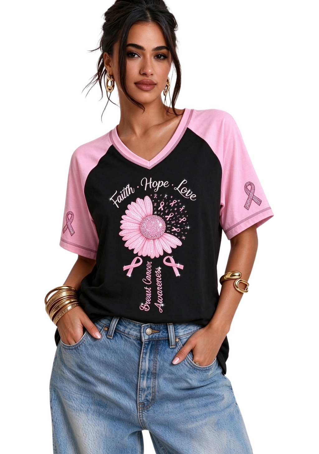 Women's Faith Hope Love Pink Daisy Pink Ribbon Short Sleeve T-Shirt