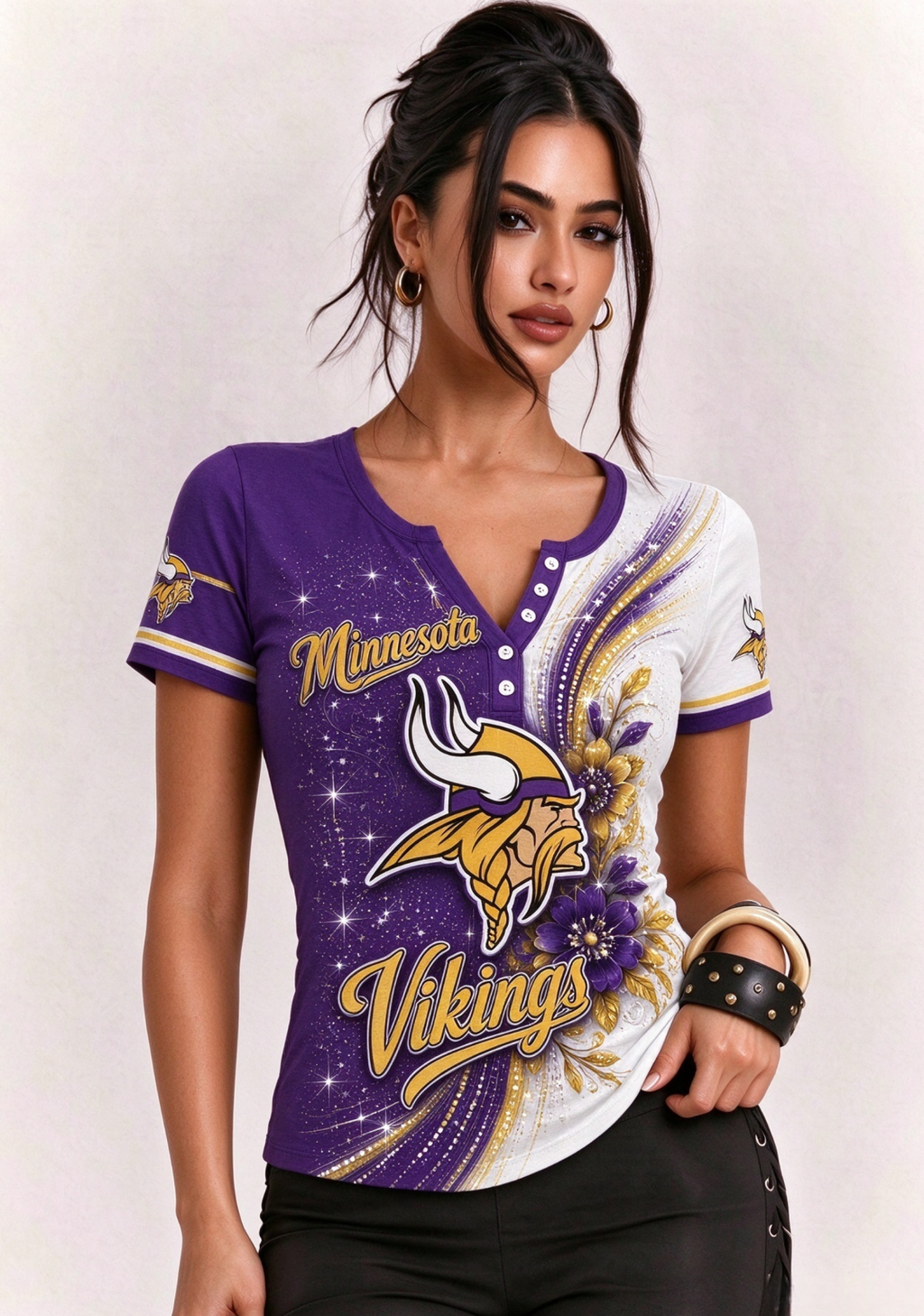 Women Minnesota Vikings Floral Henley T-Shirt