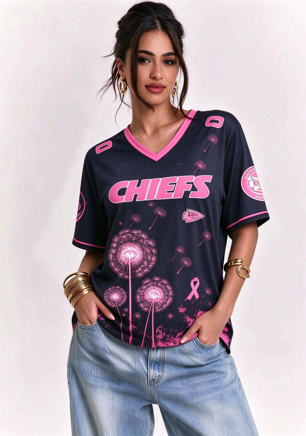 Kansas City Chiefs Breast Cancer Awareness Dandelion V-Neck T-Shirt