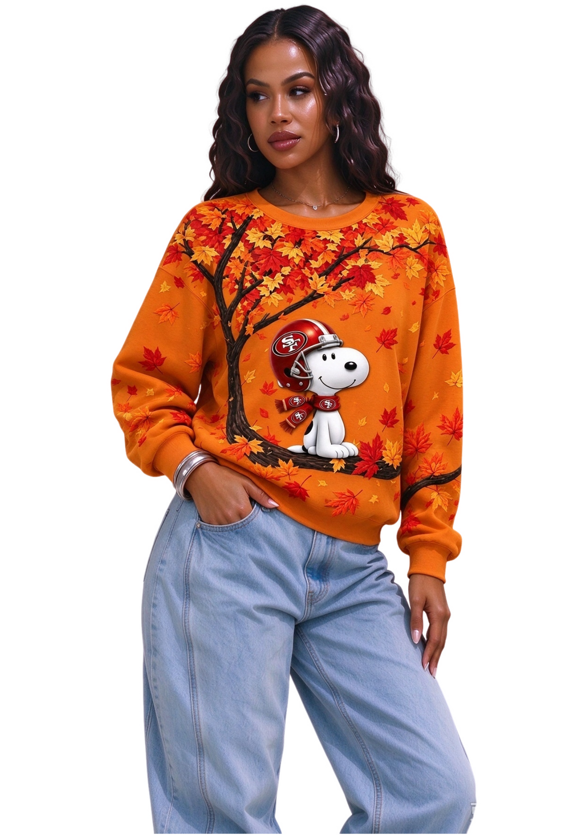 Women's San Francisco 49ers Snoopy Fall Maple Tree Crewneck Sweatshirt