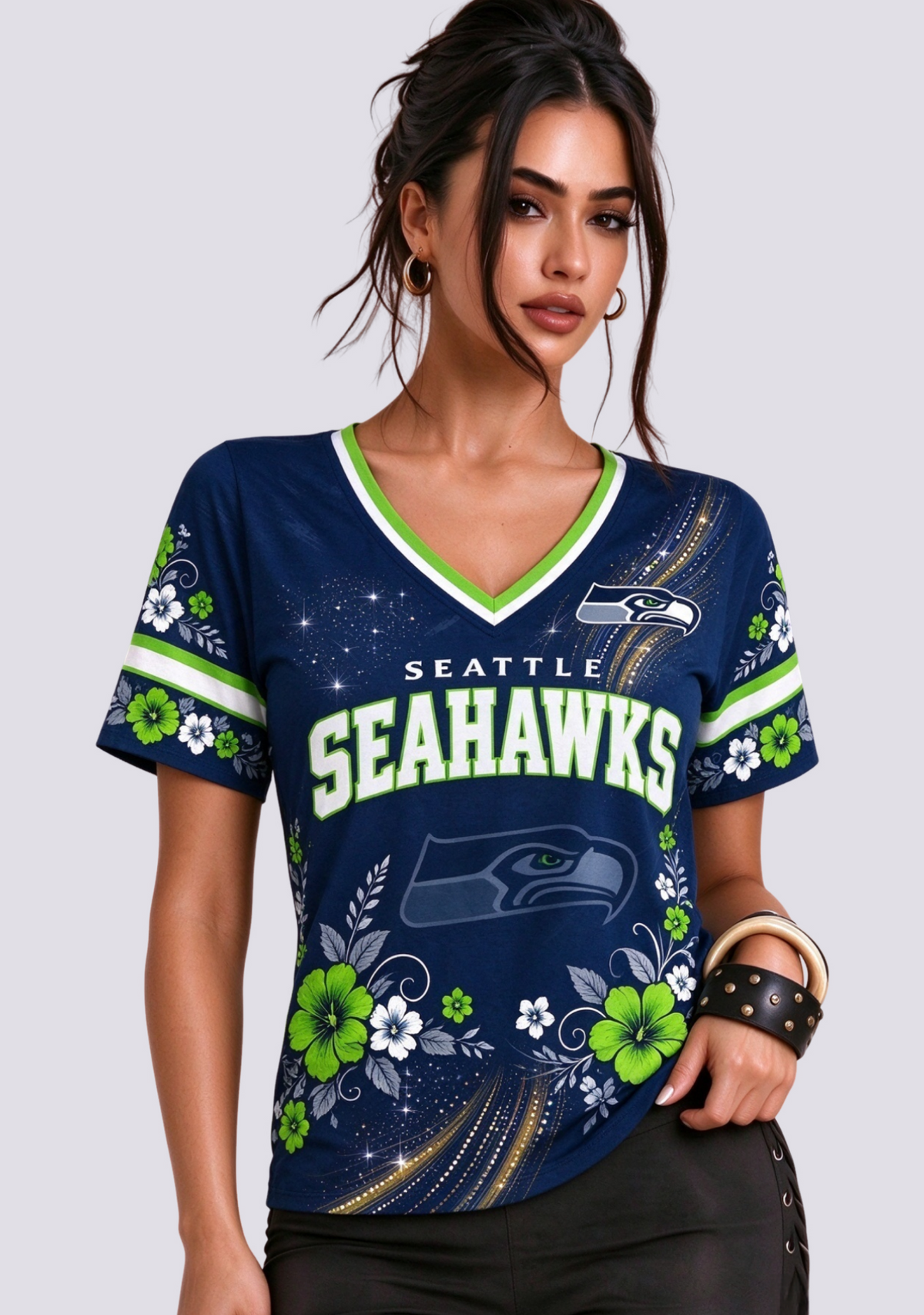 Seattle Seahawks Floral Pattern NFL V-Neck T-Shirt
