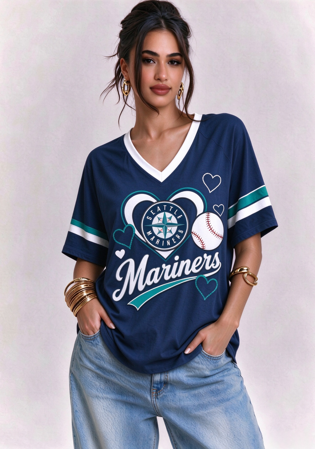 Seattle Mariners Heart & Baseball Graphic V-Neck T-Shirt