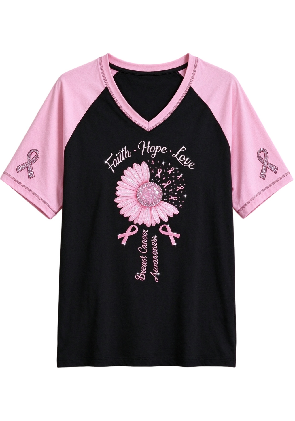 Women's Faith Hope Love Pink Daisy Pink Ribbon Short Sleeve T-Shirt