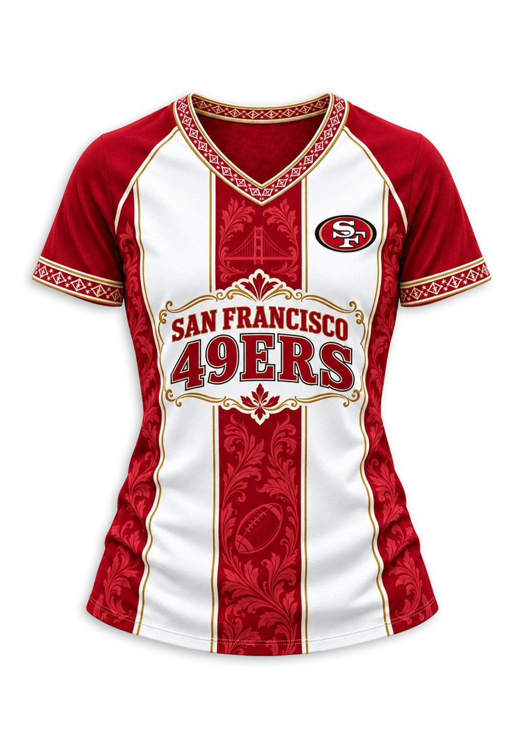 Women's San Francisco 49ers Floral Baroque Striped V-Neck T-Shirt