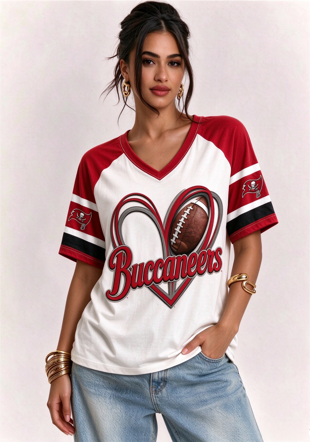 Women Tampa Bay Buccaneers Heart Graphic V-Neck Fan T-Shirt