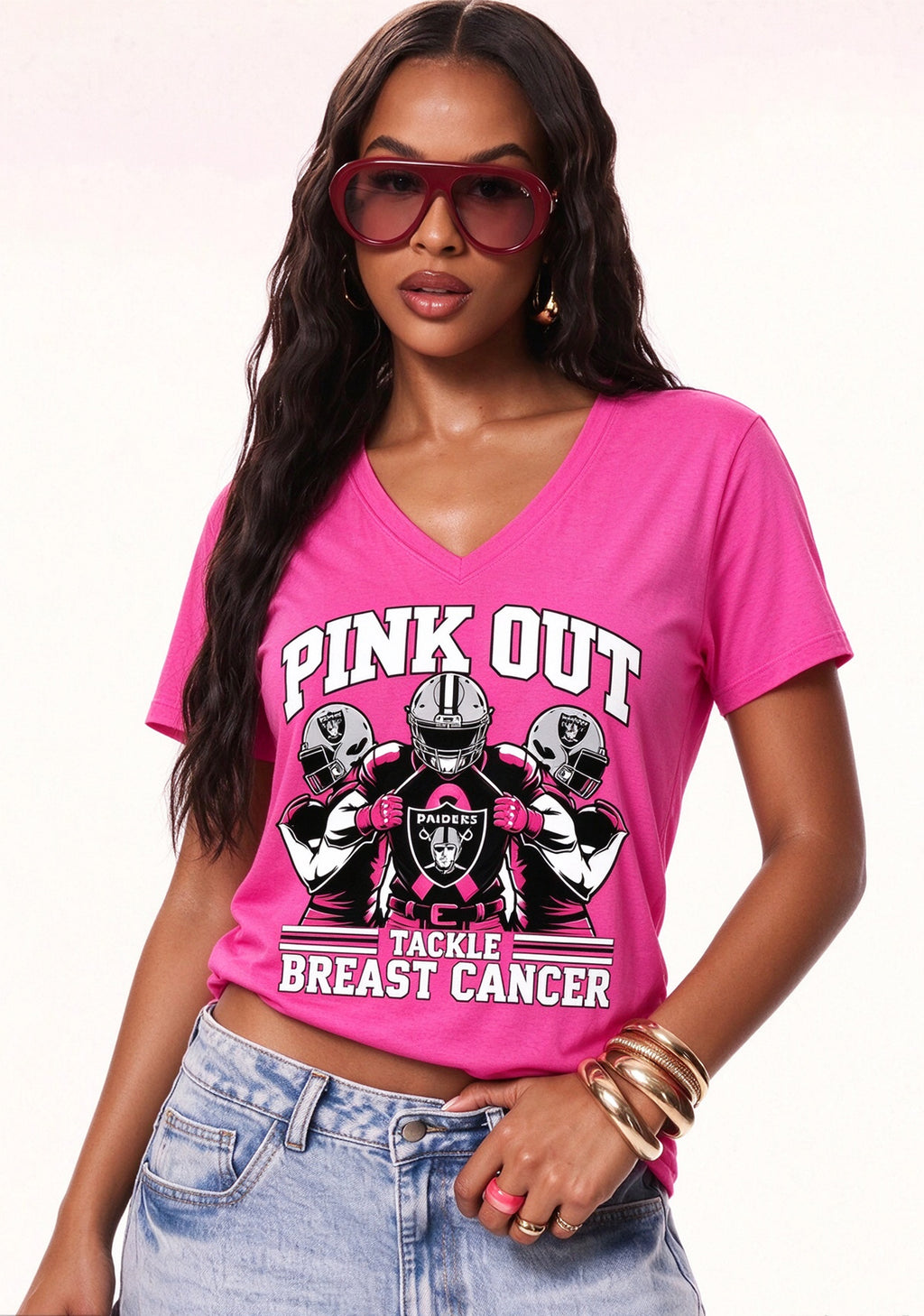 Las Vegas Raiders Pink Out Tackle Breast Cancer Awareness V-Neck T-Shirt