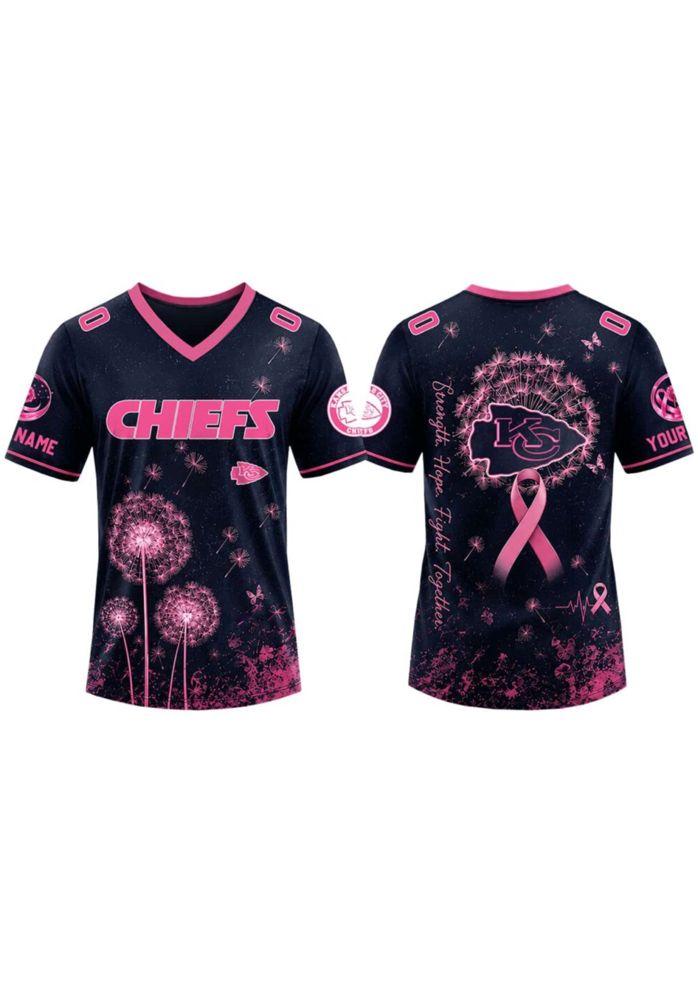 Kansas City Chiefs Breast Cancer Awareness Dandelion V-Neck T-Shirt Secondary image