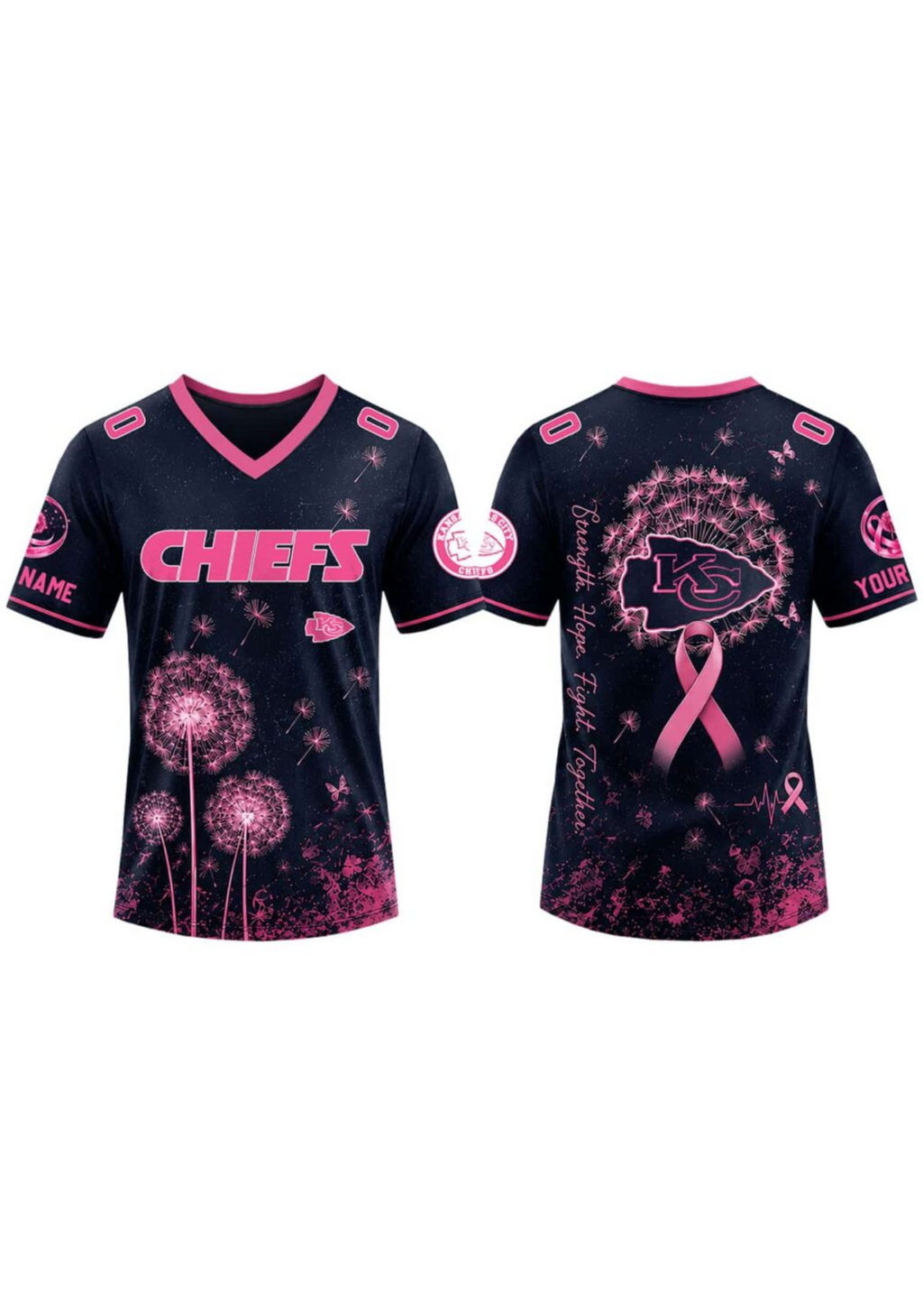 Kansas City Chiefs Breast Cancer Awareness Dandelion V-Neck T-Shirt