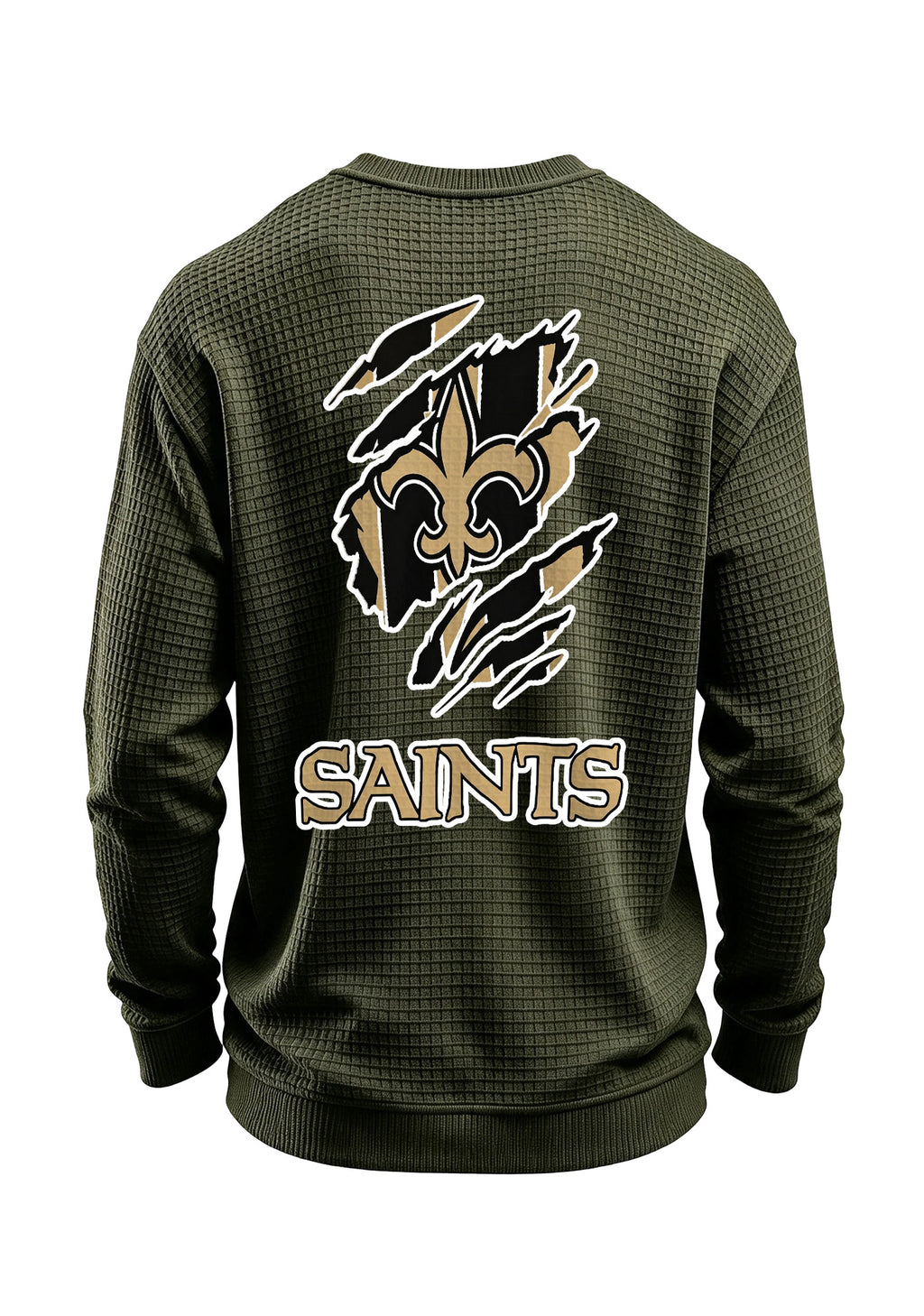 New Orleans Saints Ripped Effect Waffle Knit Crewneck Sweatshirt