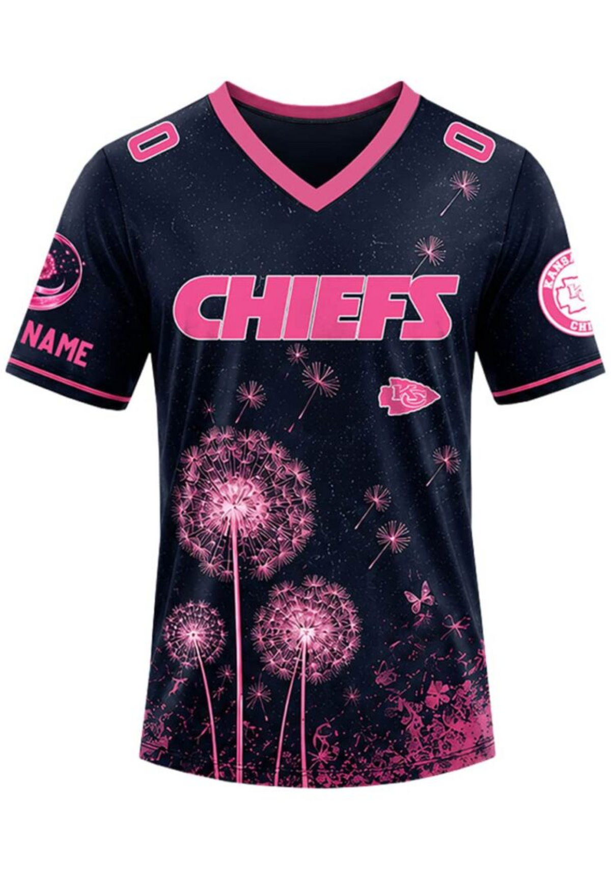 Kansas City Chiefs Breast Cancer Awareness Dandelion V-Neck T-Shirt