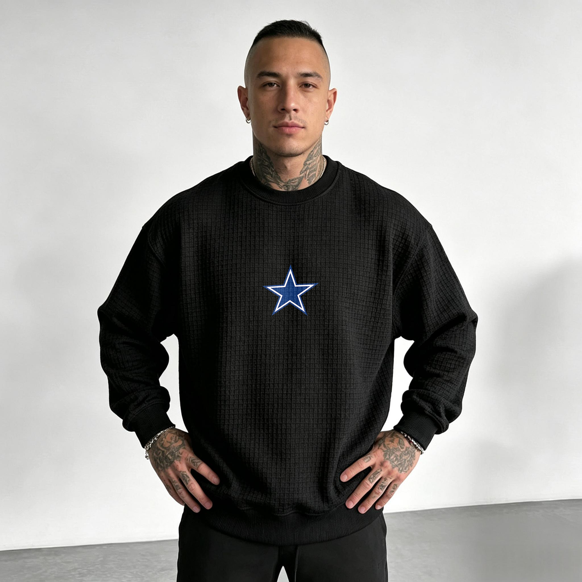 Dallas Cowboys Helmet Star Logo Waffle Knit Crewneck Sweatshirt