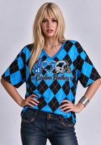 Women's Carolina Panthers Argyle #1 Fan Heart Helmet V-Neck T-Shirt