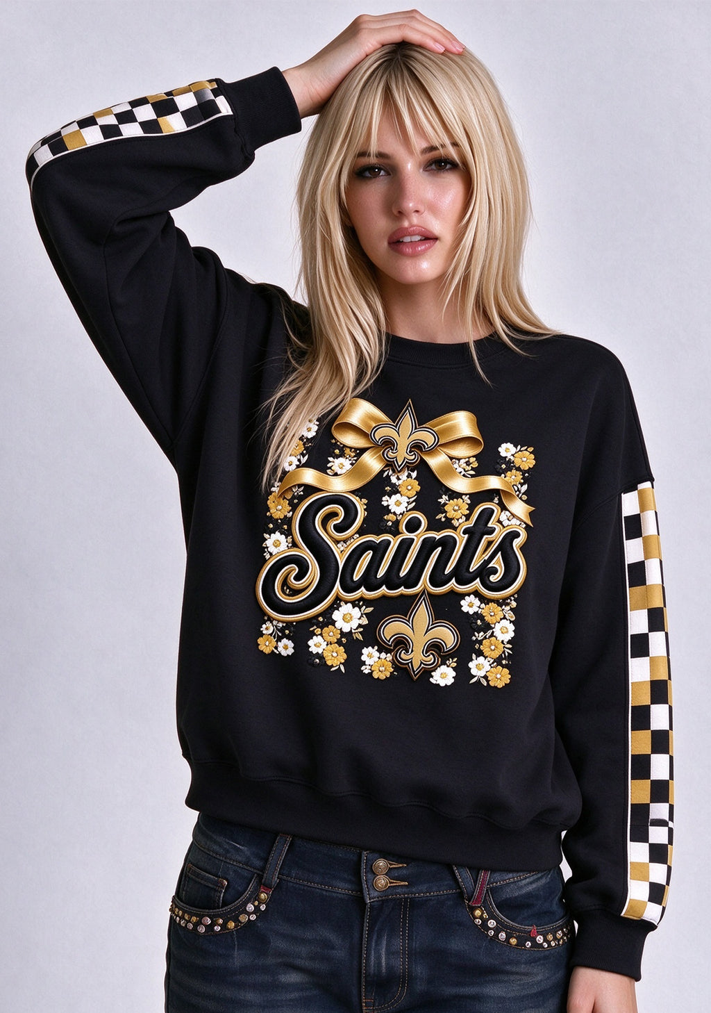 Women's New Orleans Saints Floral Bow Crewneck Sweatshirt