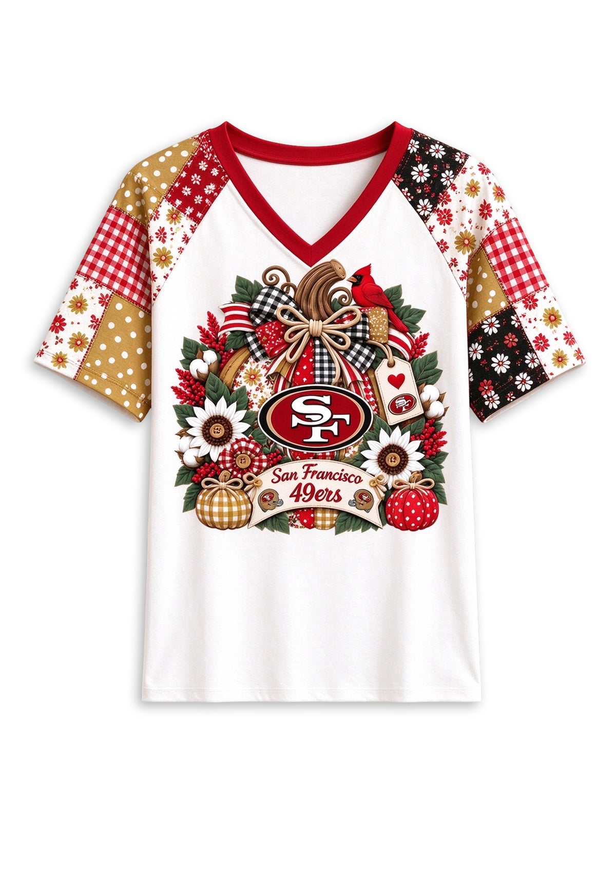 Women's San Francisco 49ers Patchwork Sleeve V-Neck Raglan T-Shirt