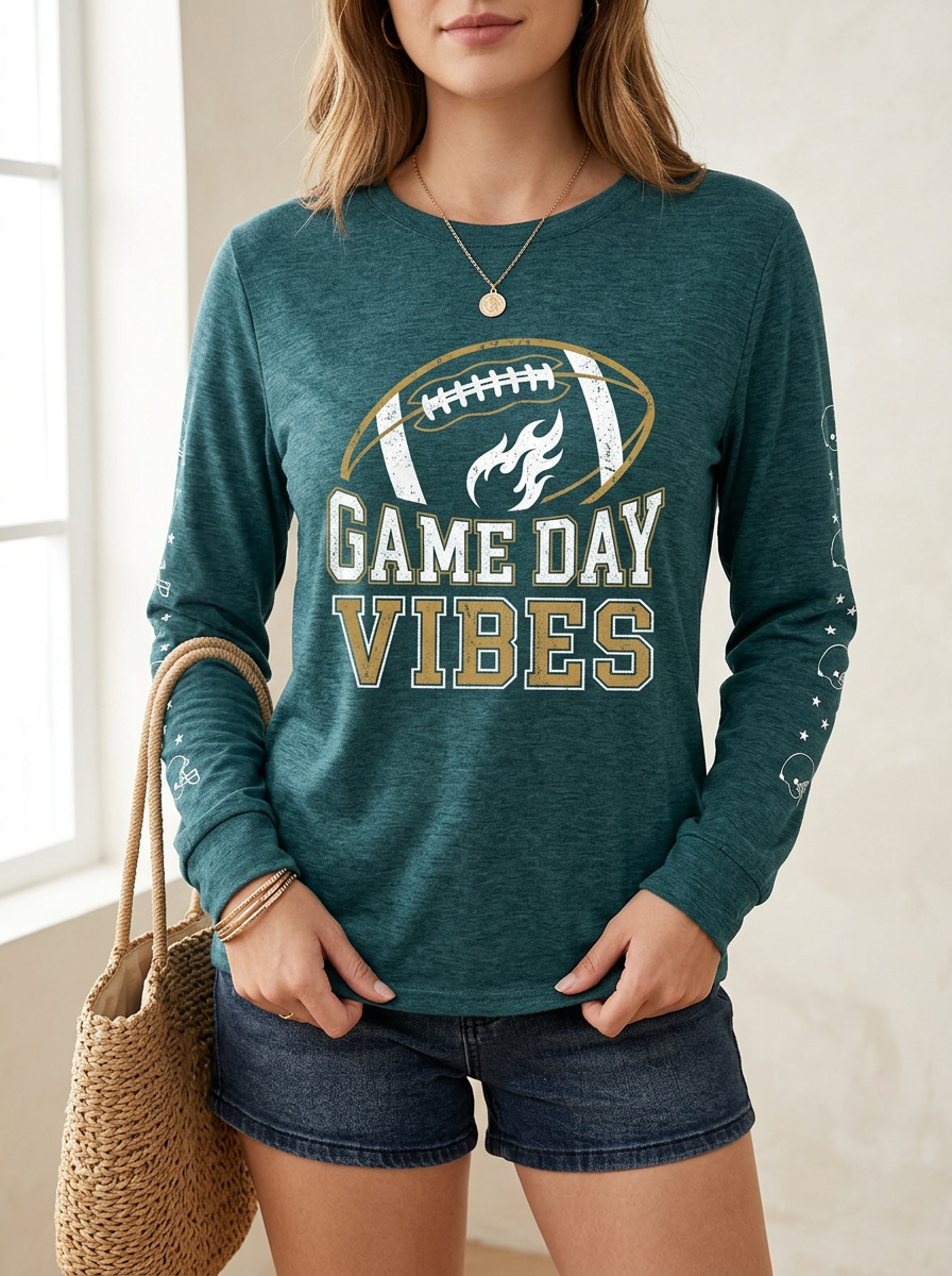 Women's Football Fan Game Day Vibes Graphic Printed Long Sleeve T-Shirt