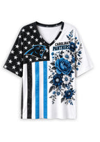Women's Carolina Panthers American Flag Floral V-Neck T-Shirt