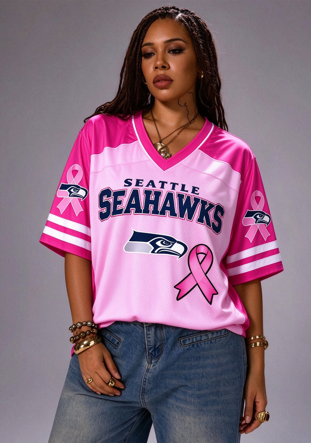 Women Seattle Seahawks Breast Cancer Awareness Pink Ribbon Mesh Jersey