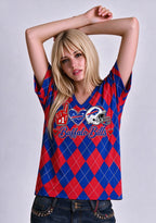 Women's Buffalo Bills Argyle #1 Fan Heart Helmet V-Neck T-Shirt