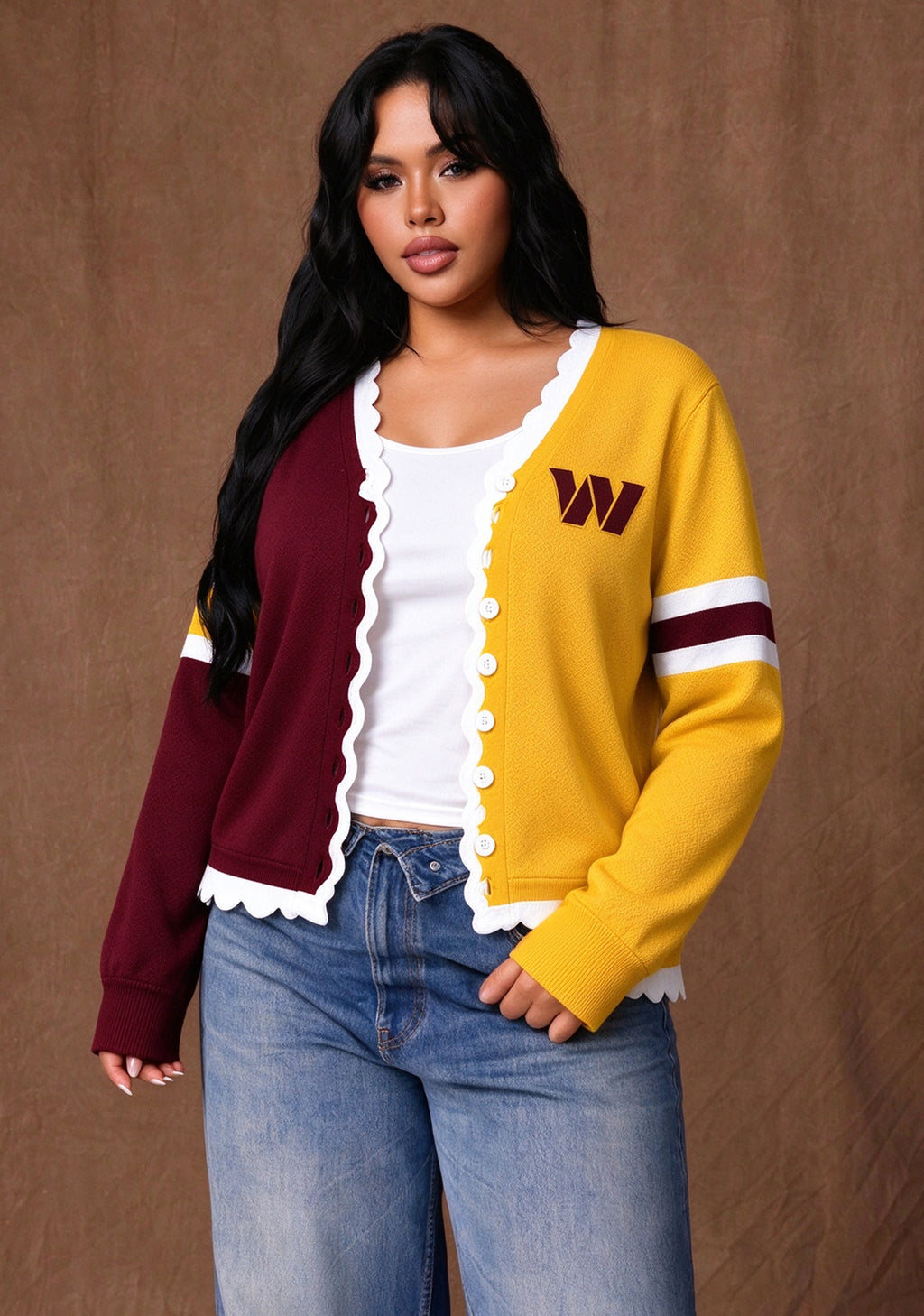 Women's Washington Commanders Color Block Scalloped Trim V-Neck Button Cardigan