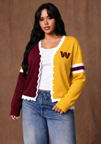 Women's Washington Commanders Color Block Scalloped Trim V-Neck Button Cardigan