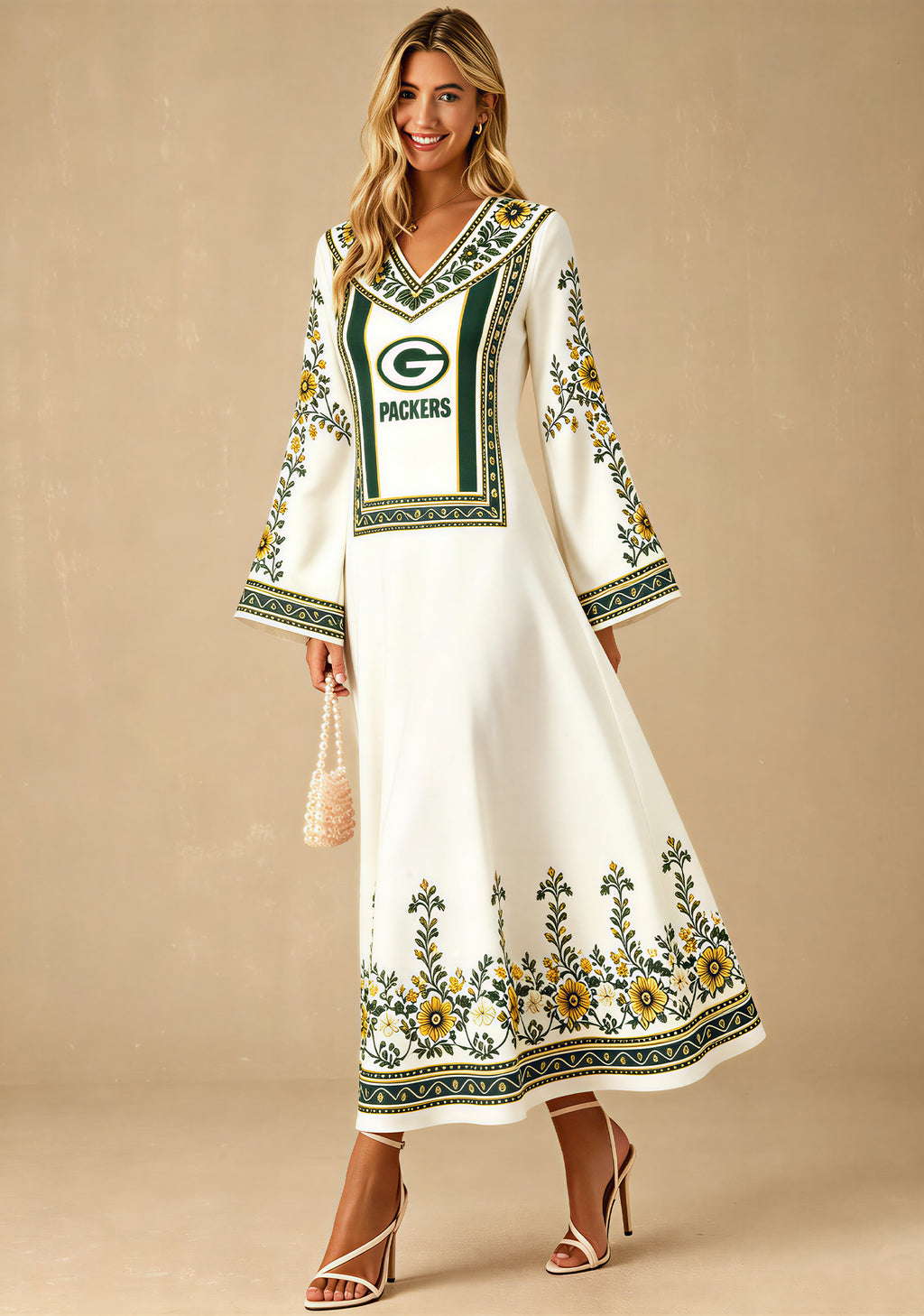 Green Bay Packers Boho Floral Print Game‑Day Midi Dress