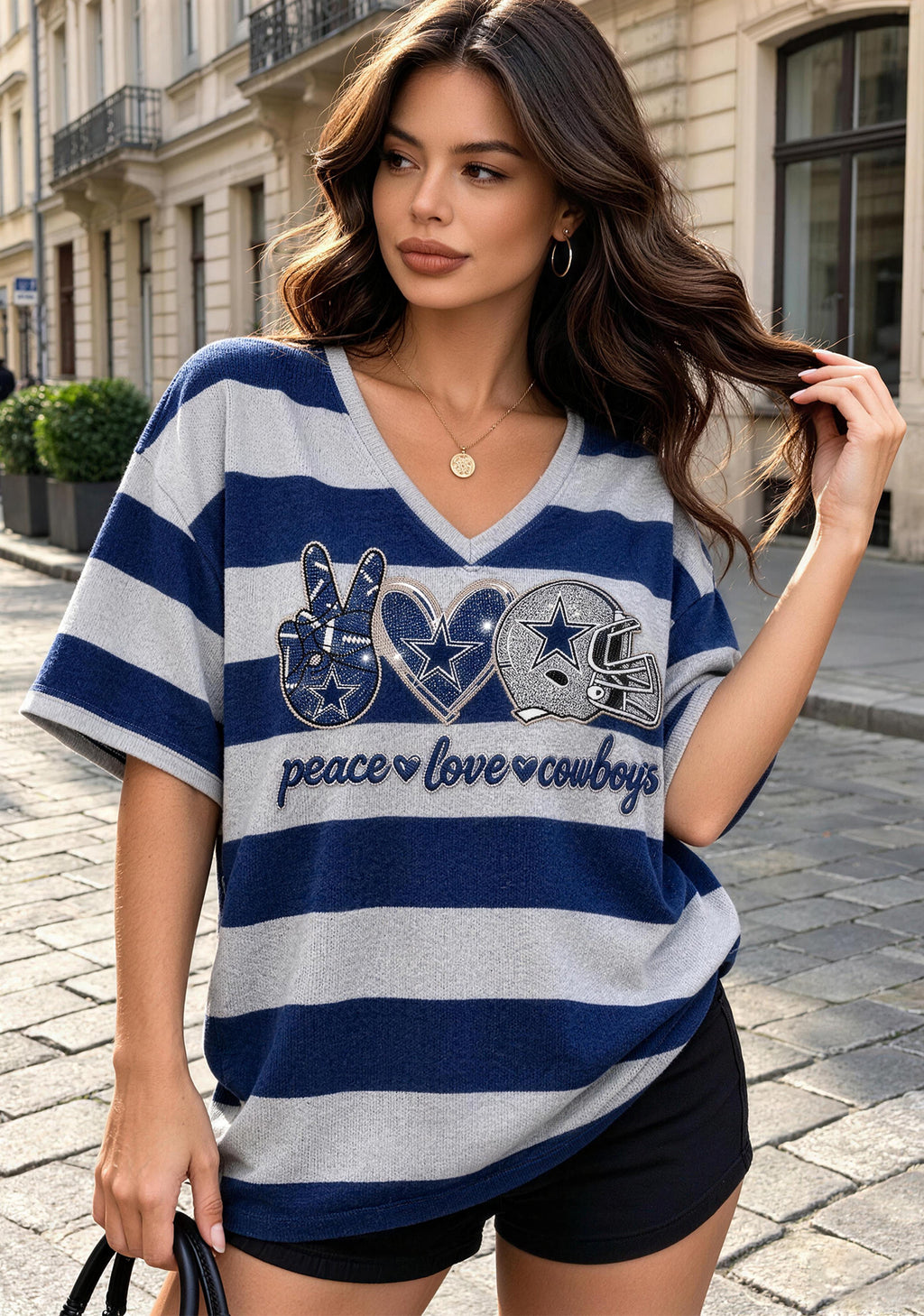 Women's Peace Love Dallas Cowboys Football Striped V Neck T-Shirt