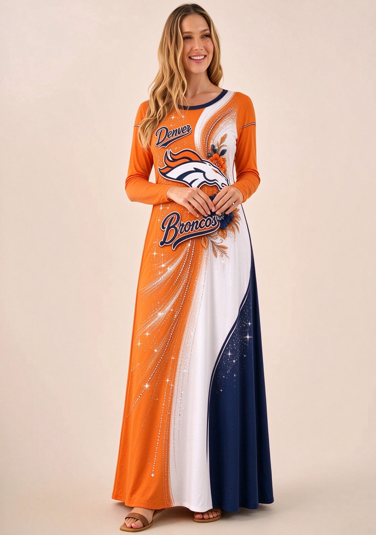 Women Denver Broncos Floral Print Long Sleeve Maxi Dress