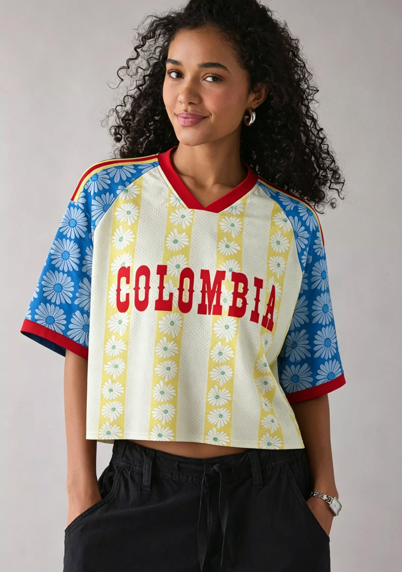 Colombia-Inspired Daisy Cropped Mesh Jersey Shirt