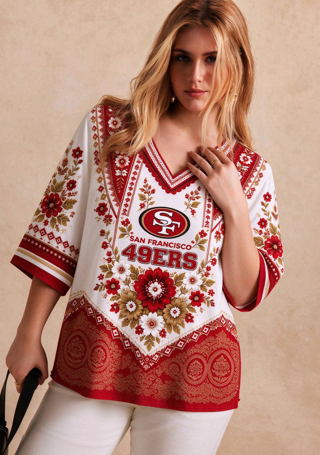 Women’s San Francisco 49ers Boho Floral V-Neck 3/4 Sleeve Shirt