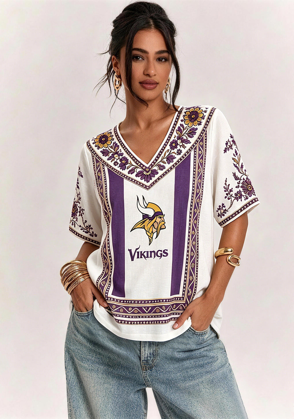 Boho Purple Floral Minnesota Vikings V-Neck Blouse