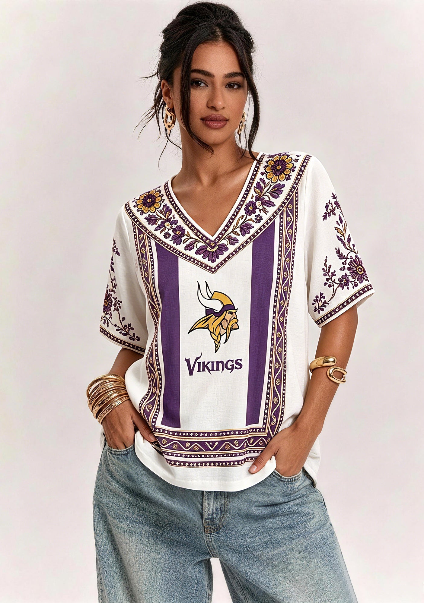 Boho Purple Floral Minnesota Vikings V-Neck Blouse