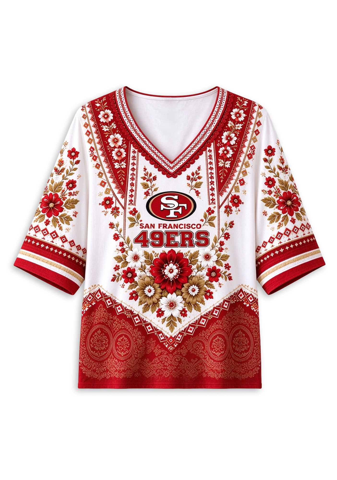 Women’s San Francisco 49ers Boho Floral V-Neck 3/4 Sleeve Shirt Secondary image
