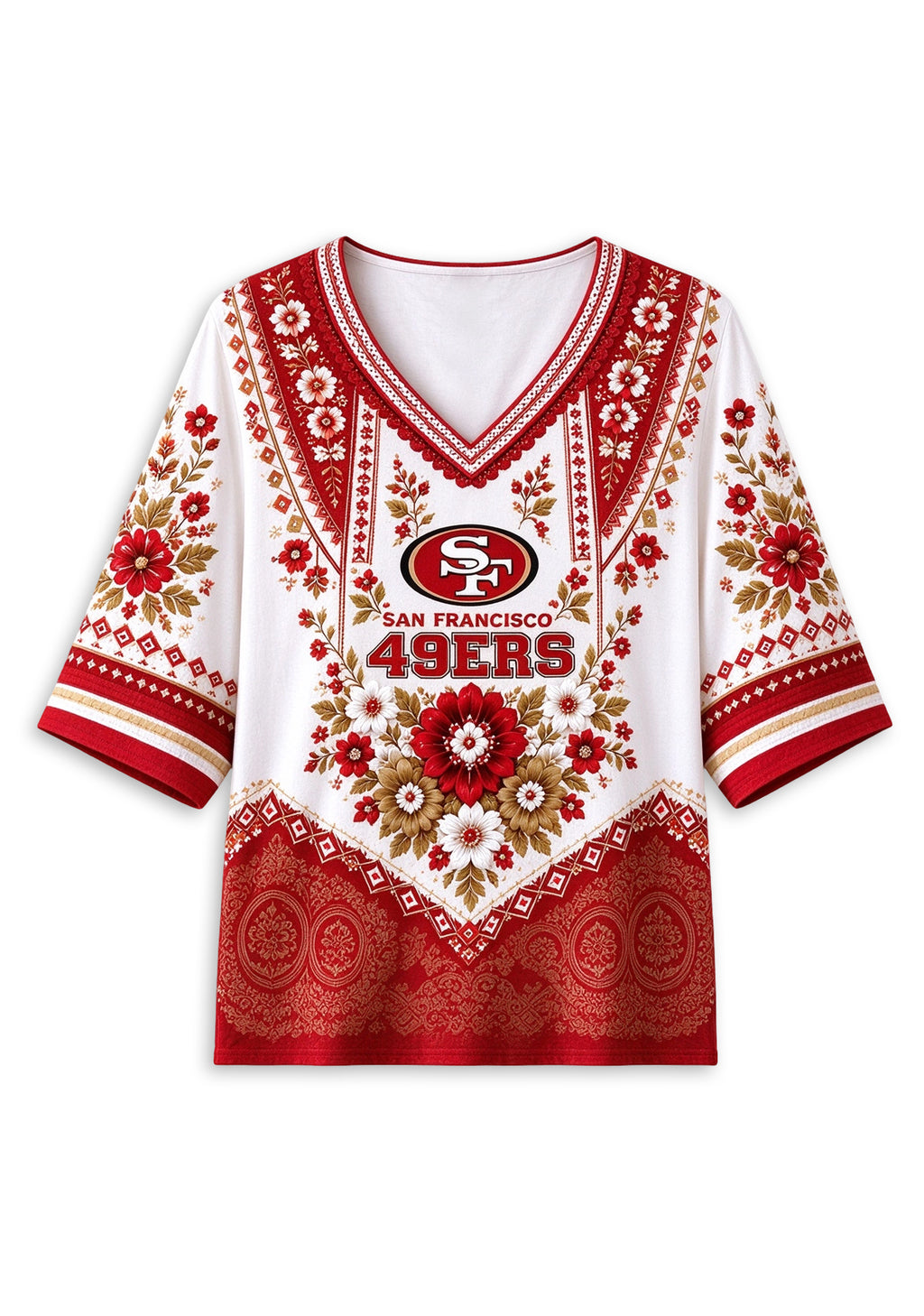 Women’s San Francisco 49ers Boho Floral V-Neck 3/4 Sleeve Shirt