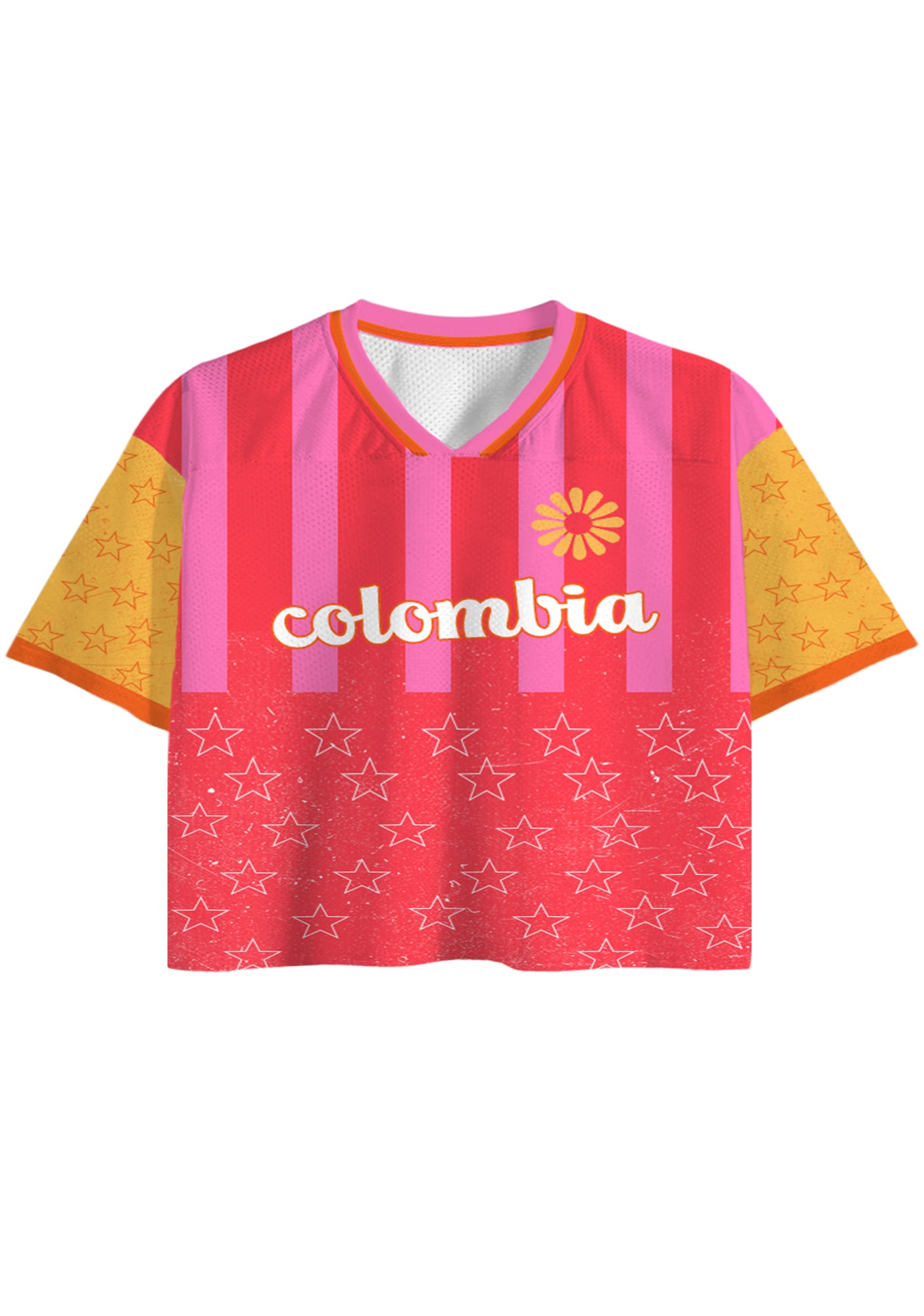 Retro Distressed Star Colombia Daisy Cropped Mesh Jersey Shirt