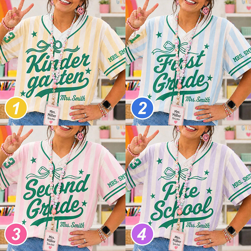 Personalized Grade And Name Stripe Bow Teacher Baseball Jersey Secondary image
