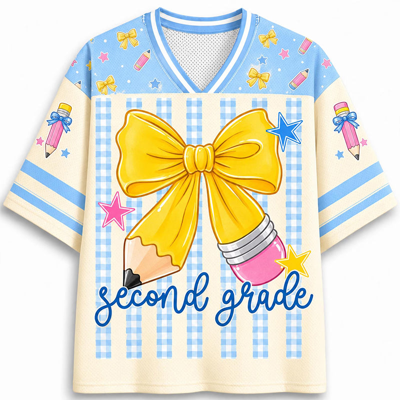 Personalized Grade And Name Gingham Stripes Pencil Bow Teacher Mesh Jersey Secondary image