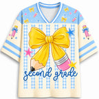 Personalized Grade And Name Gingham Stripes Pencil Bow Teacher Mesh Jersey