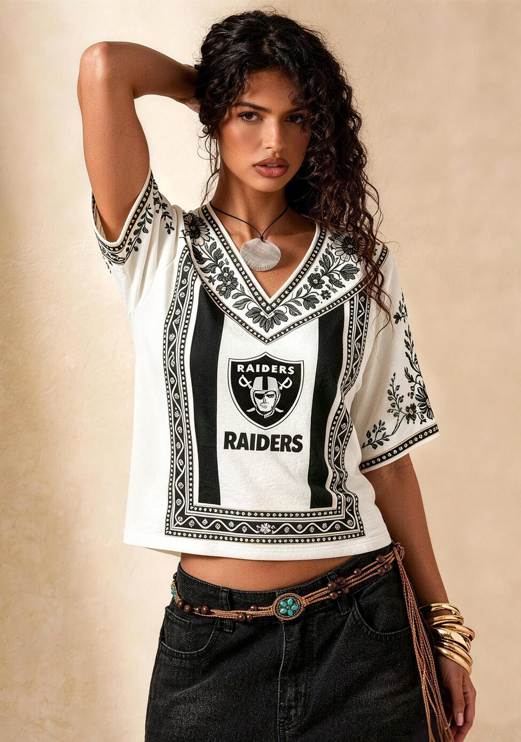 Boho Floral Las Vegas Raiders V-Neck Blouse
